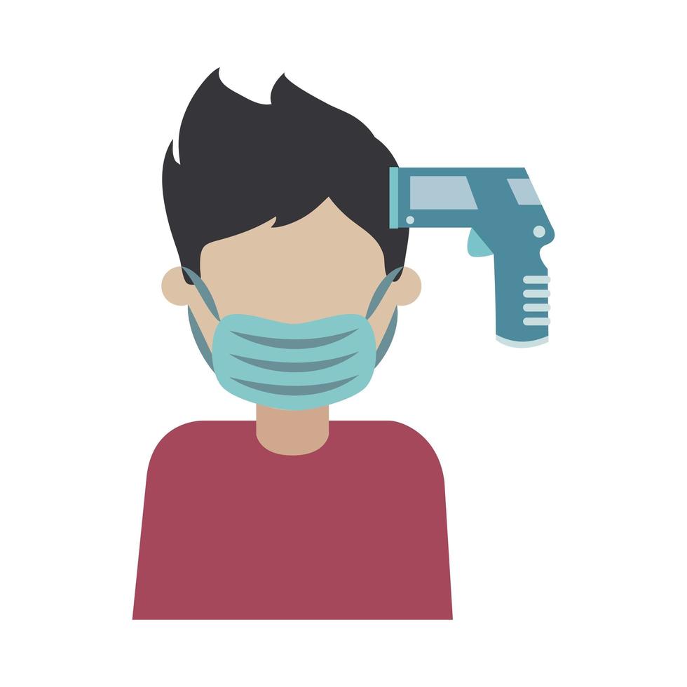 covid 19 coronavirus, body temperature check use gun scanner digital thermometer, prevention outbreak disease pandemic flat design icon vector