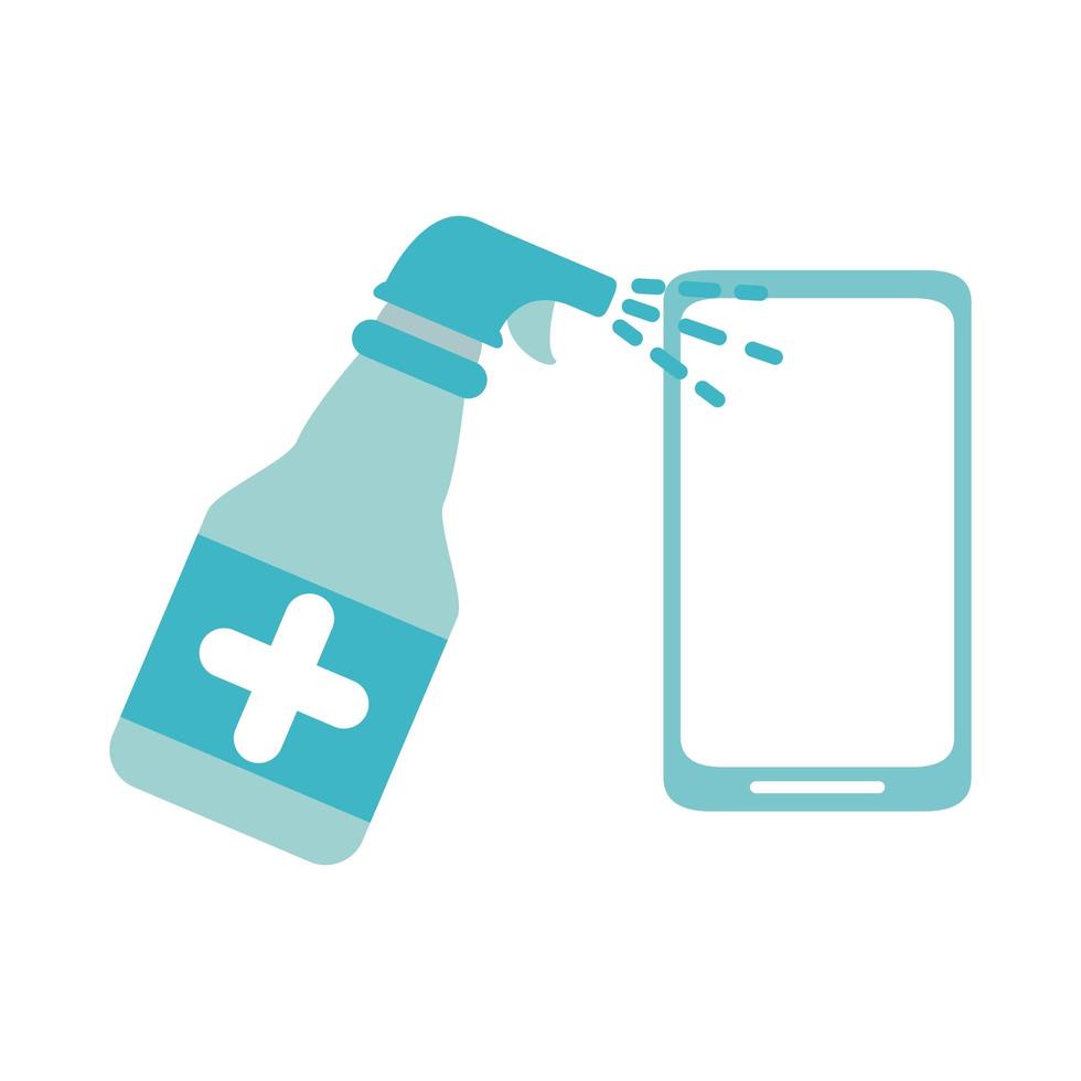 covid 19 coronavirus, wipe phone with alcohol spray bottle, prevention outbreak disease pandemic flat design icon vector