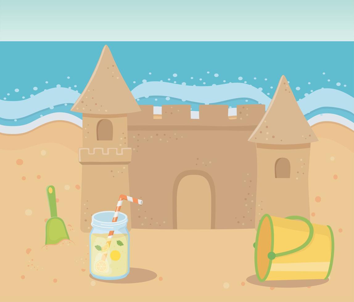 viajes de verano y vacaciones castillo de arena playa cubo pala jugo vector