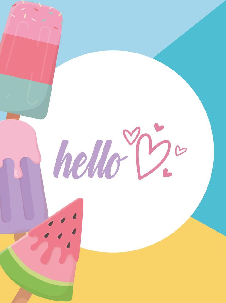 hello summer travel and vacation watermelon ice cream in sticks badge vector