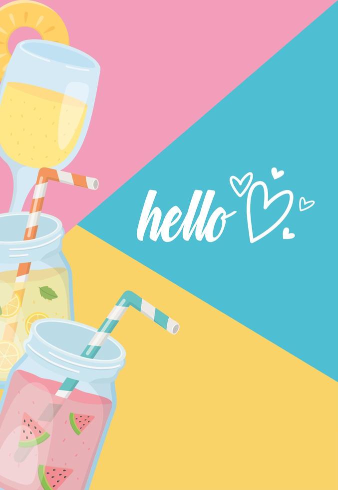 hello summer travel and vacation juices cocktail fruits background vector