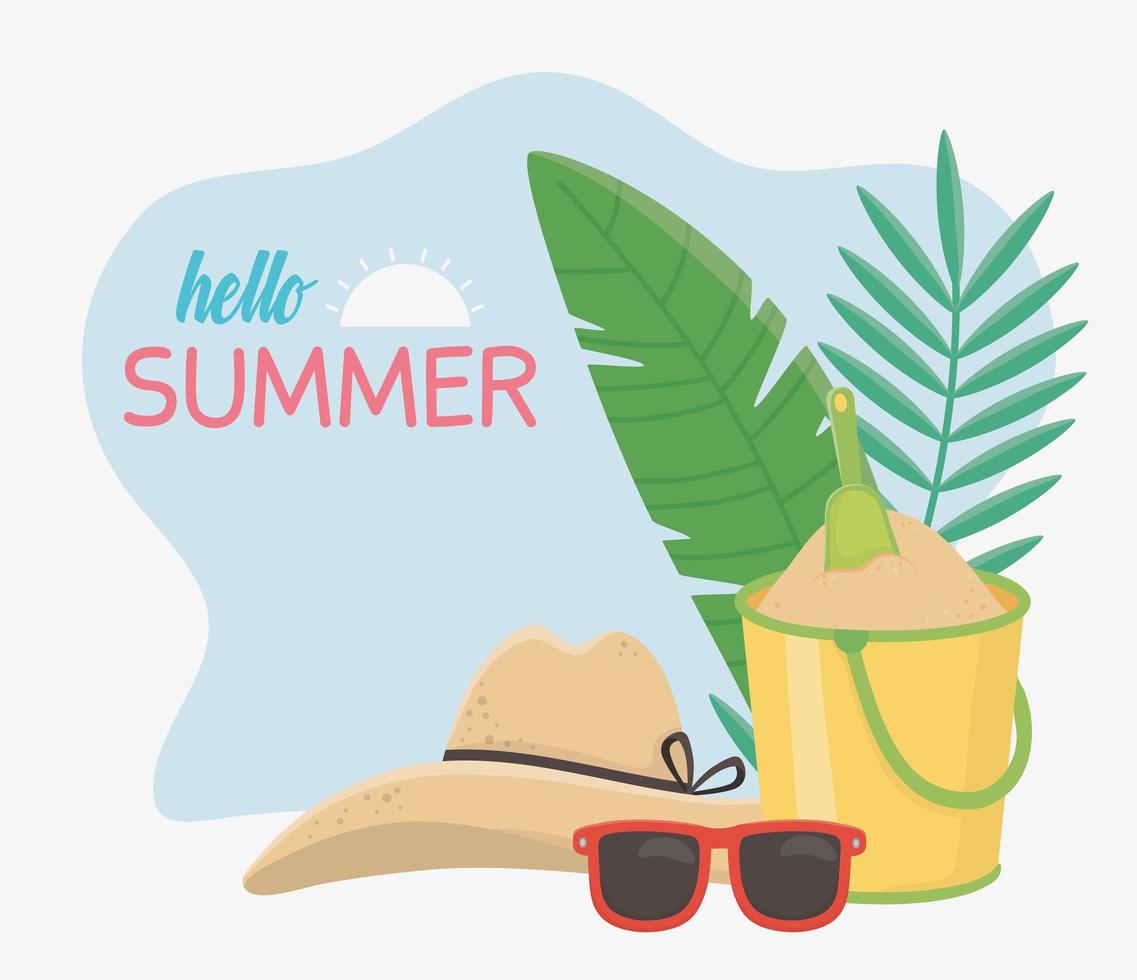 hello summer travel and vacation hat sunglasses sand bucket leaves vector