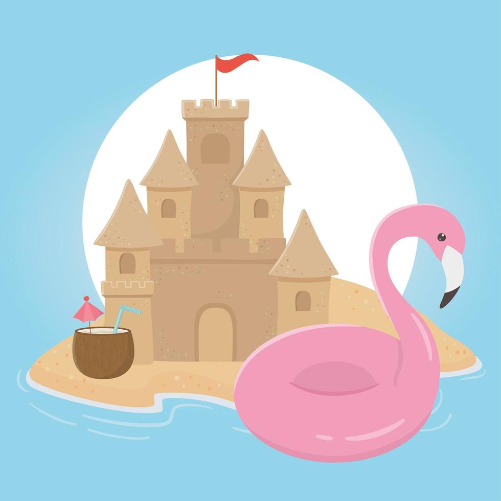 verano viajes y vacaciones flotador flamingo arena castillo coco coctel playa vector