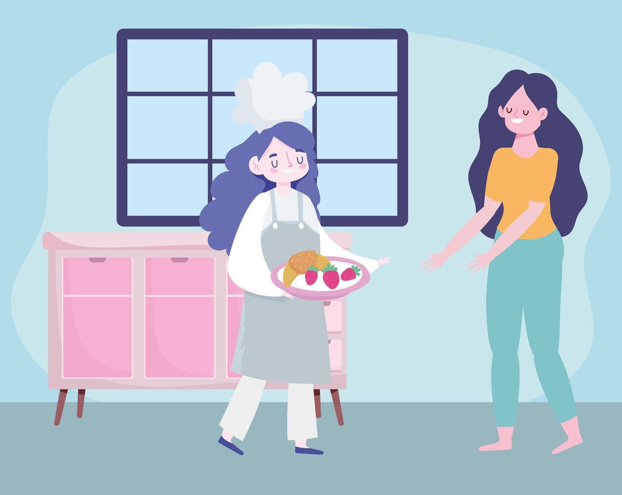 stay at home, female chef with food and girl cartoon, cooking quarantine activities vector