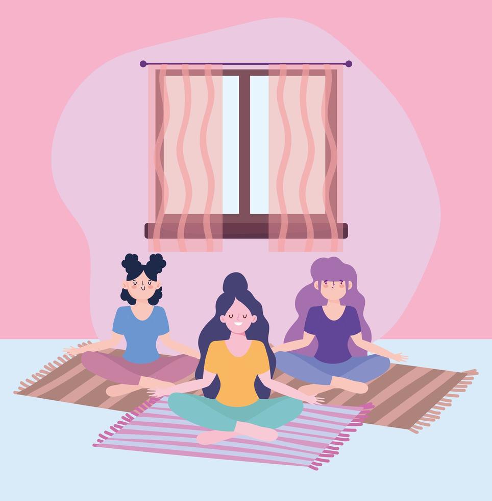 stay at home, girls in yoga meditation on mat, self isolation, activities in quarantine for coronavirus vector
