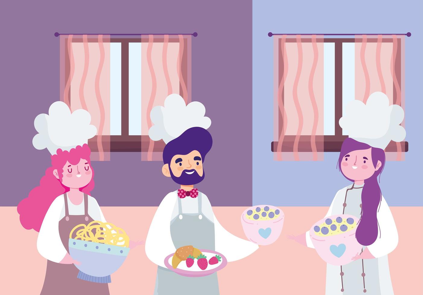 stay at home, female and male chef characters with food cartoon, cooking quarantine activities vector