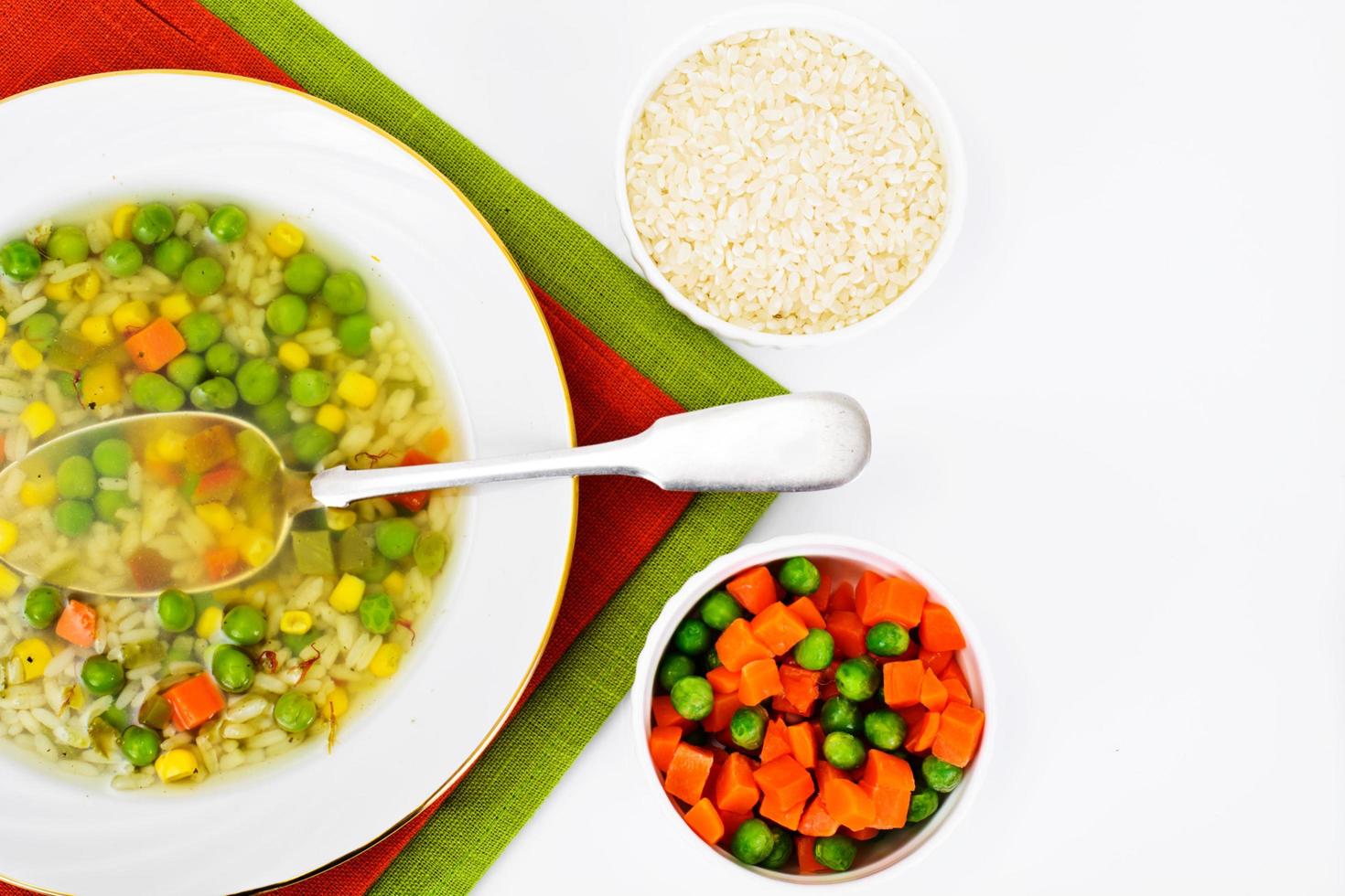 Soup with Chicken Broth. Rice and Vegetables photo