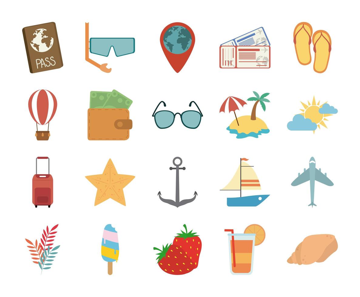 viajes de verano y vacaciones en estilo plano conjunto de iconos aislados vector