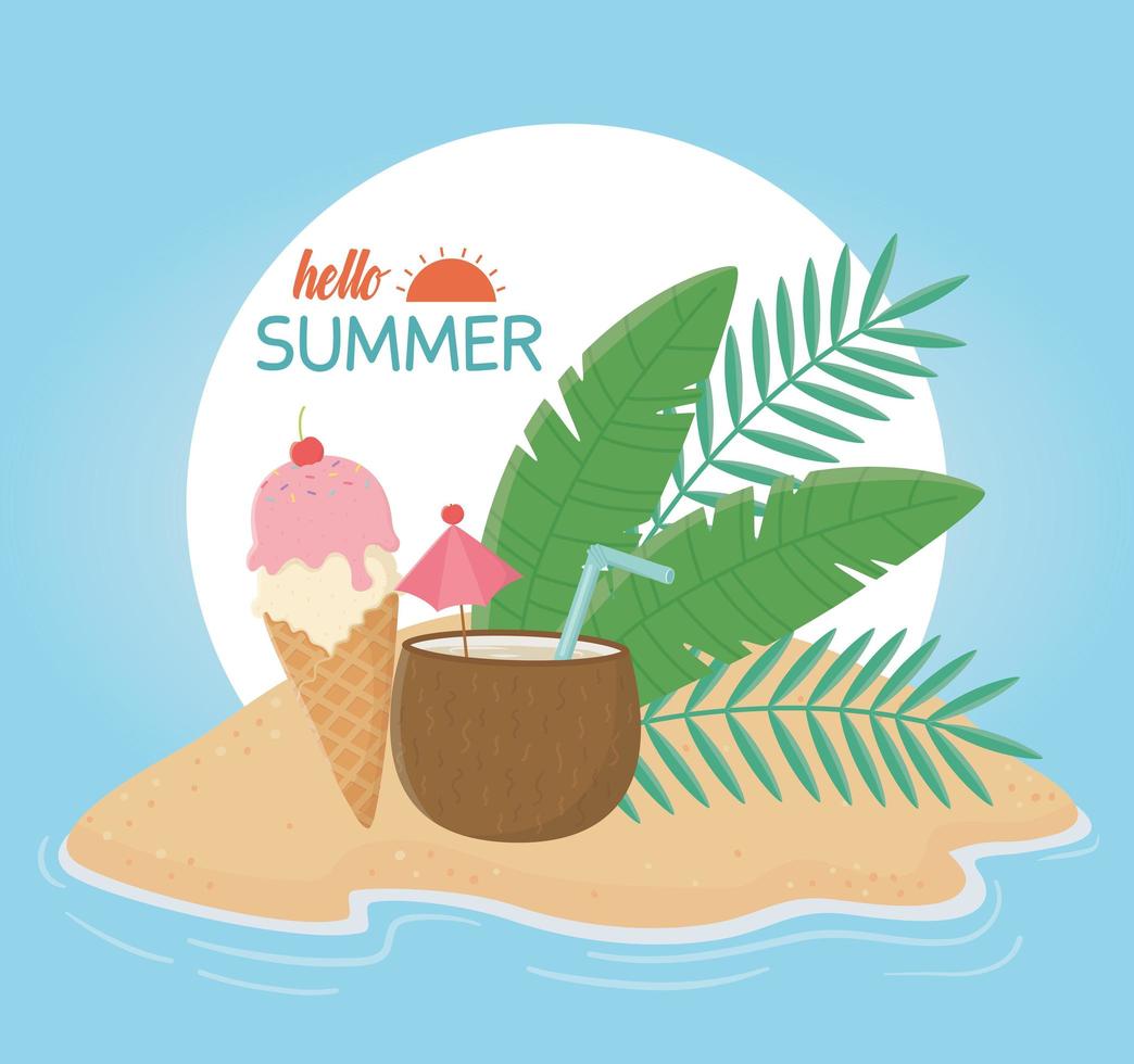 viajes de verano y vacaciones cóctel de coco helado hojas palma vector