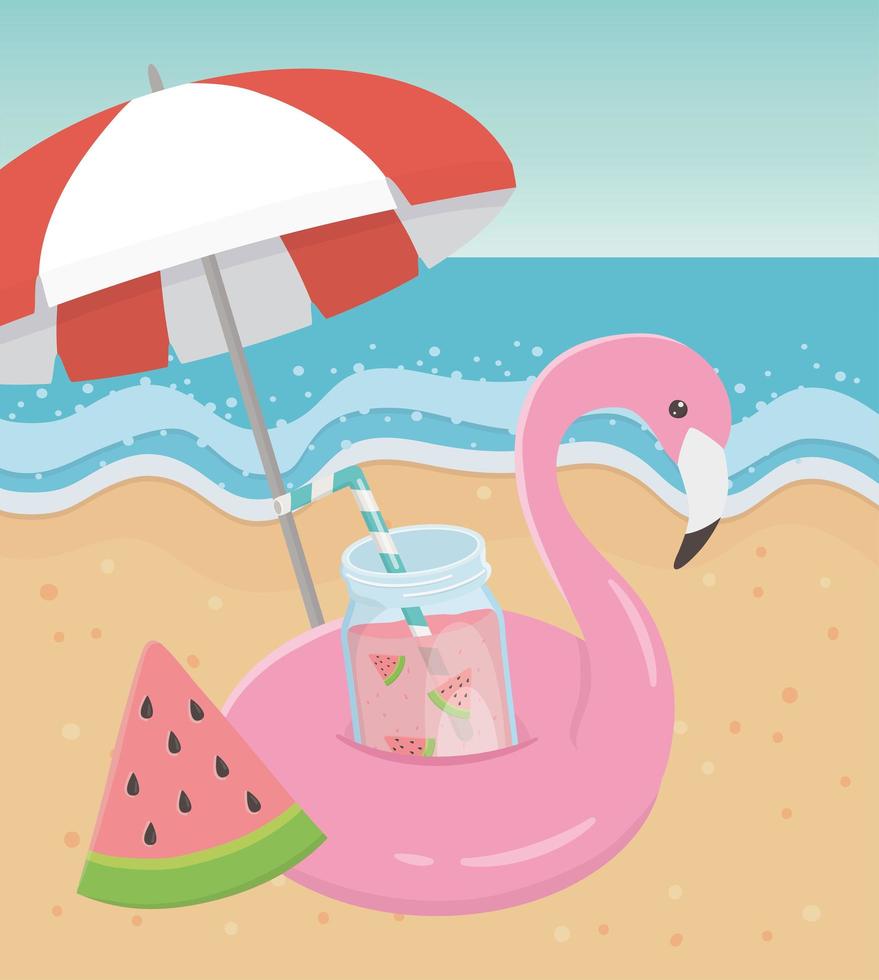viajes de verano y vacaciones flotador flamingo paraguas jugo sandía playa vector