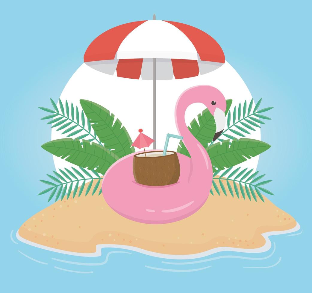summer travel and vacation float flamingo cocktail umbrella foliage tropical beach island vector