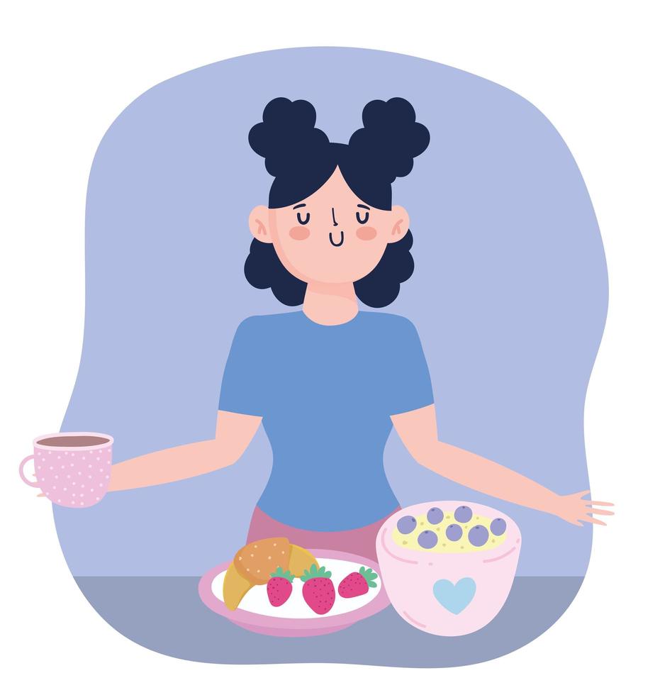 stay at home, girl with coffee cup fruits bread cartoon, cooking quarantine activities vector