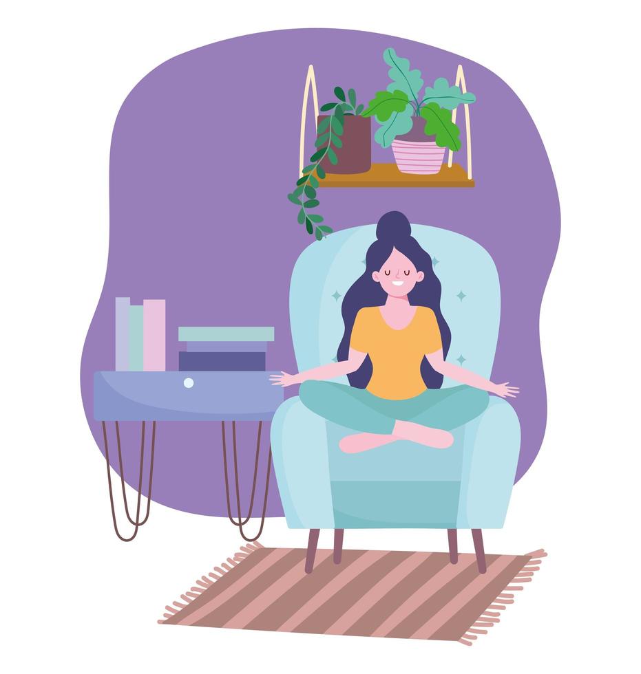 stay at home, girl in yoga pose on chair with books and plants, self isolation, activities in quarantine for coronavirus vector