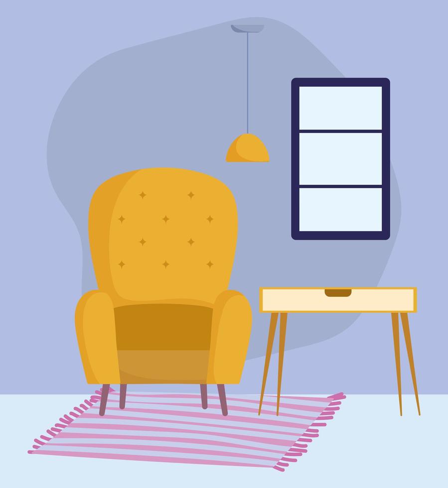 yellow chair table ceiling lamp window and carpet decoration vector