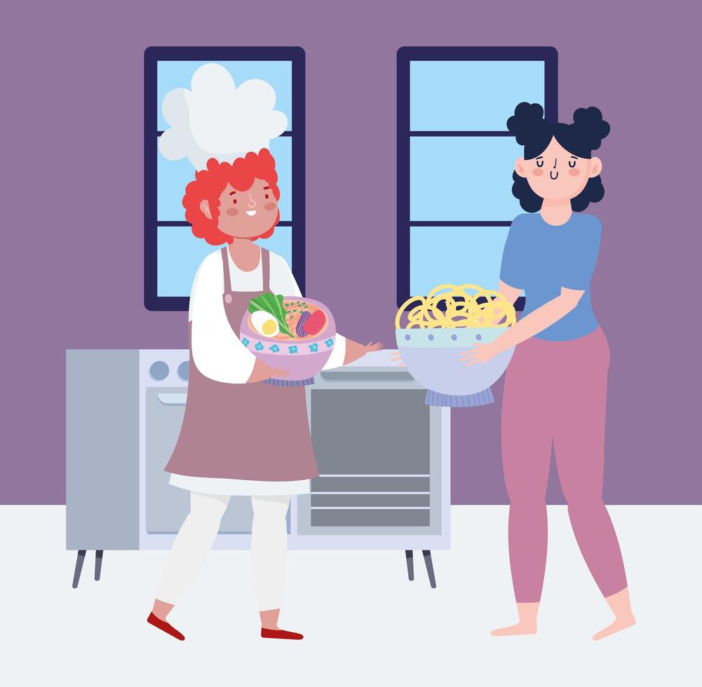 stay at home, male chef and woman with food in hands cartoon, cooking quarantine activities vector