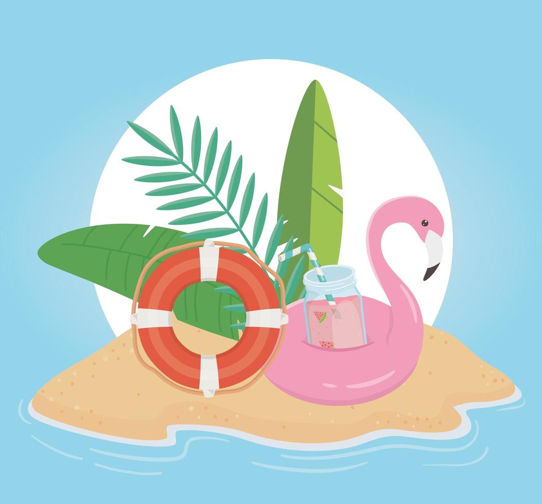 viajes de verano y vacaciones flotador flamenco jugo salvavidas y hojas tropicales vector