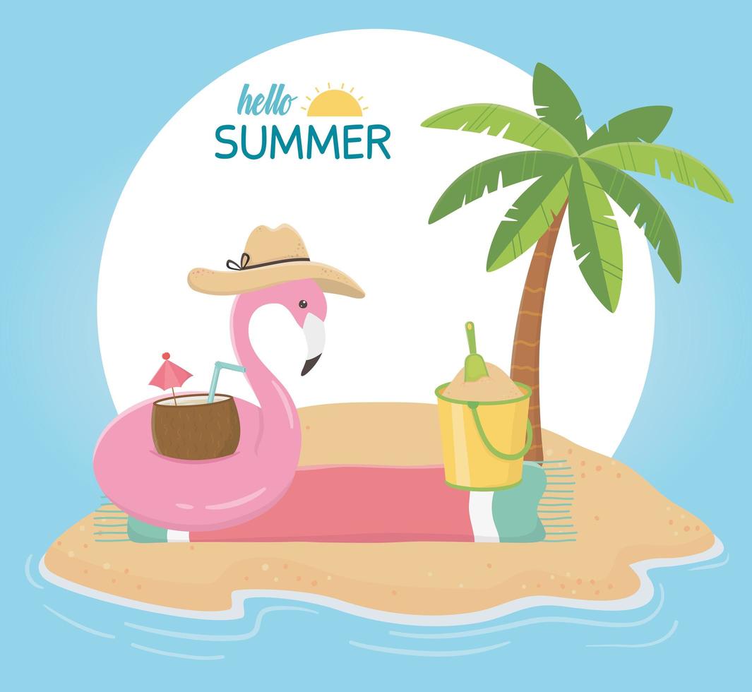 summer travel and vacation float flamingo with hat bucket cocktail in towel vector