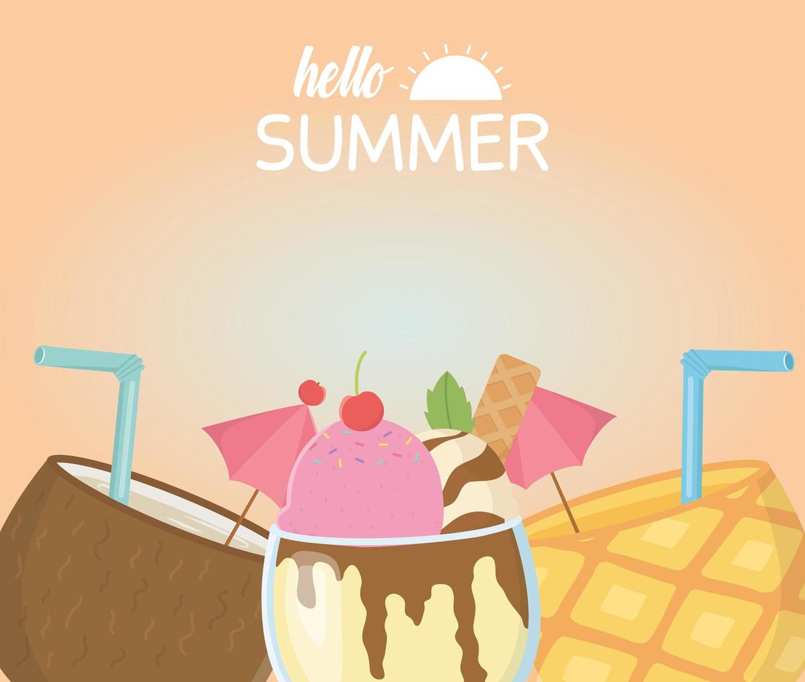 summer travel and vacation ice cream coconut pineapple cocktails beverage vector