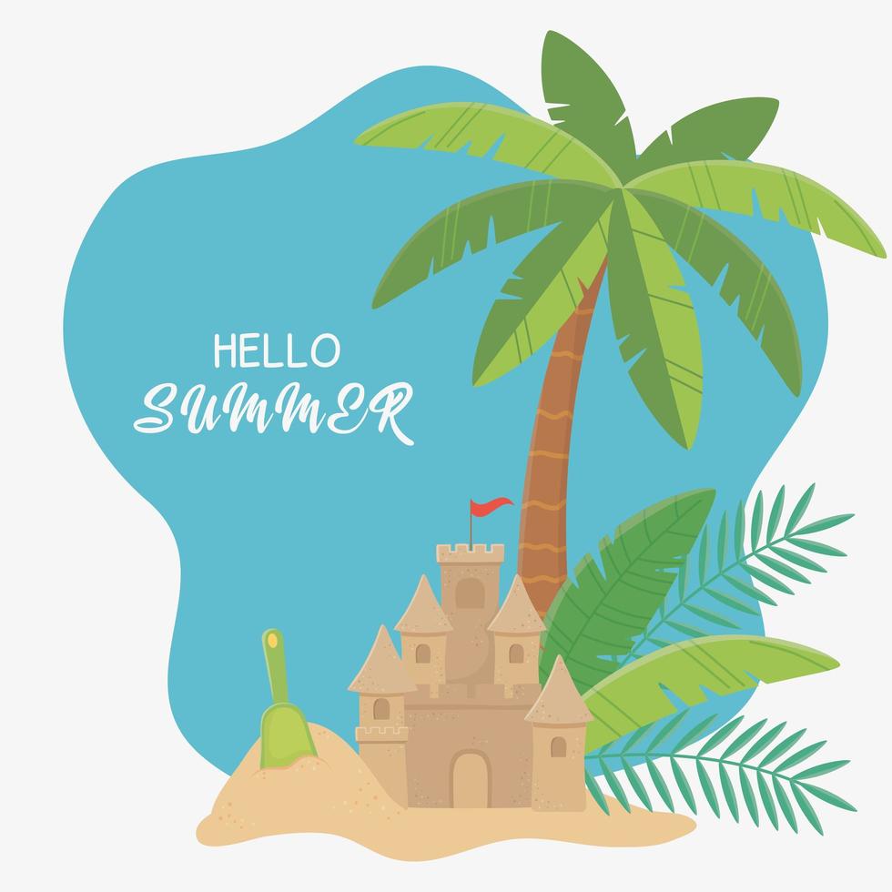 summer travel and vacation sand castle shovel palm tree sand beach vector