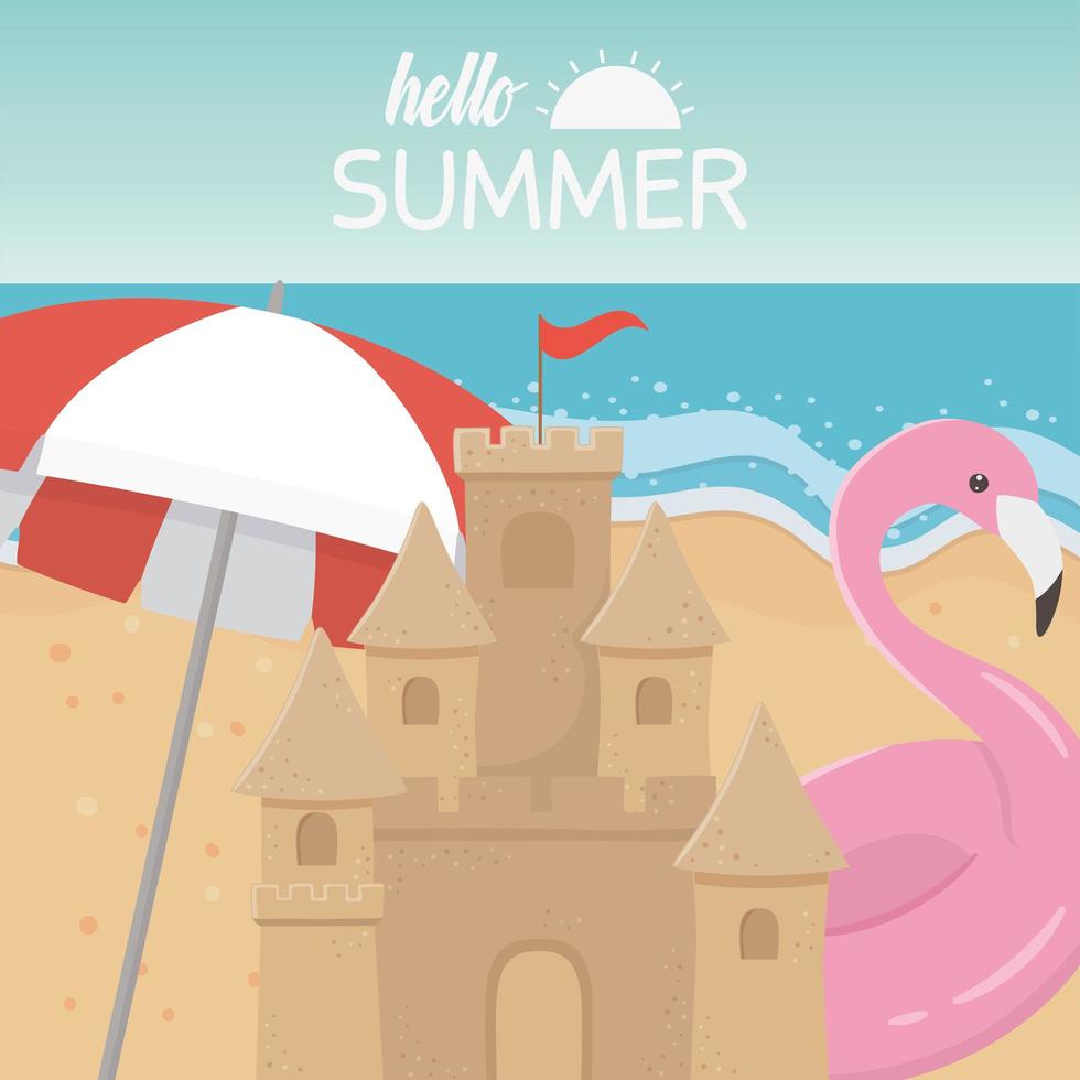 summer travel and vacation sand castle umbrella beach float flamingo vector