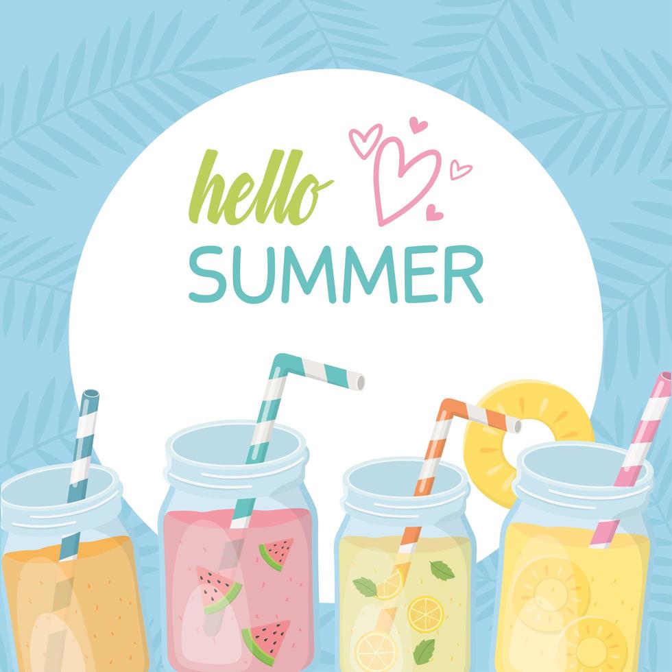 hello summer travel and vacation fresh cold juice with fruits vector