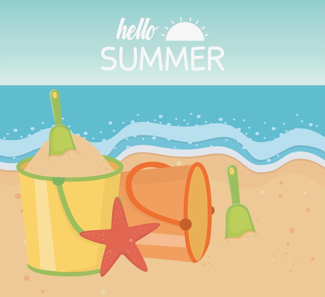 hello summer travel and vacation sand bucket shovel starfish beach sea vector