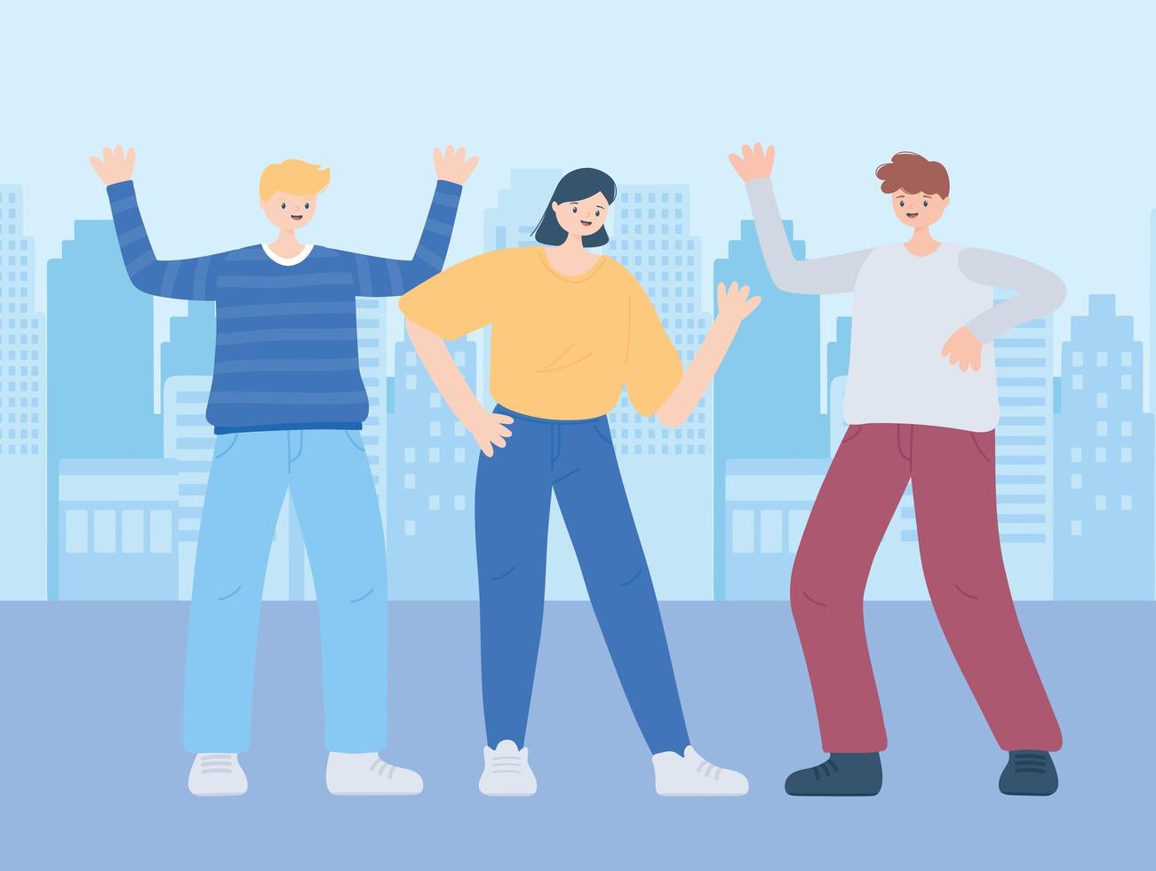 celebrating group men and woman cartoon characters in city vector