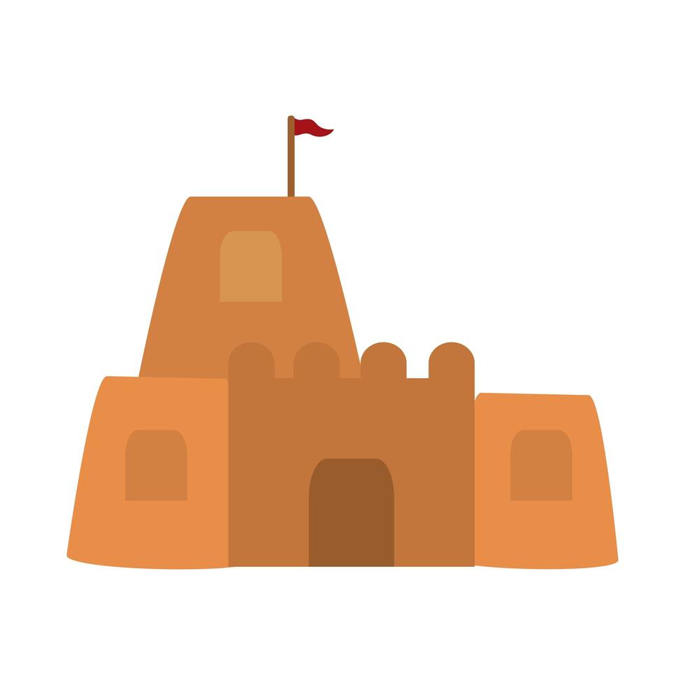 Castillo de arena de vacaciones y viajes de verano con bandera en icono aislado de estilo plano vector