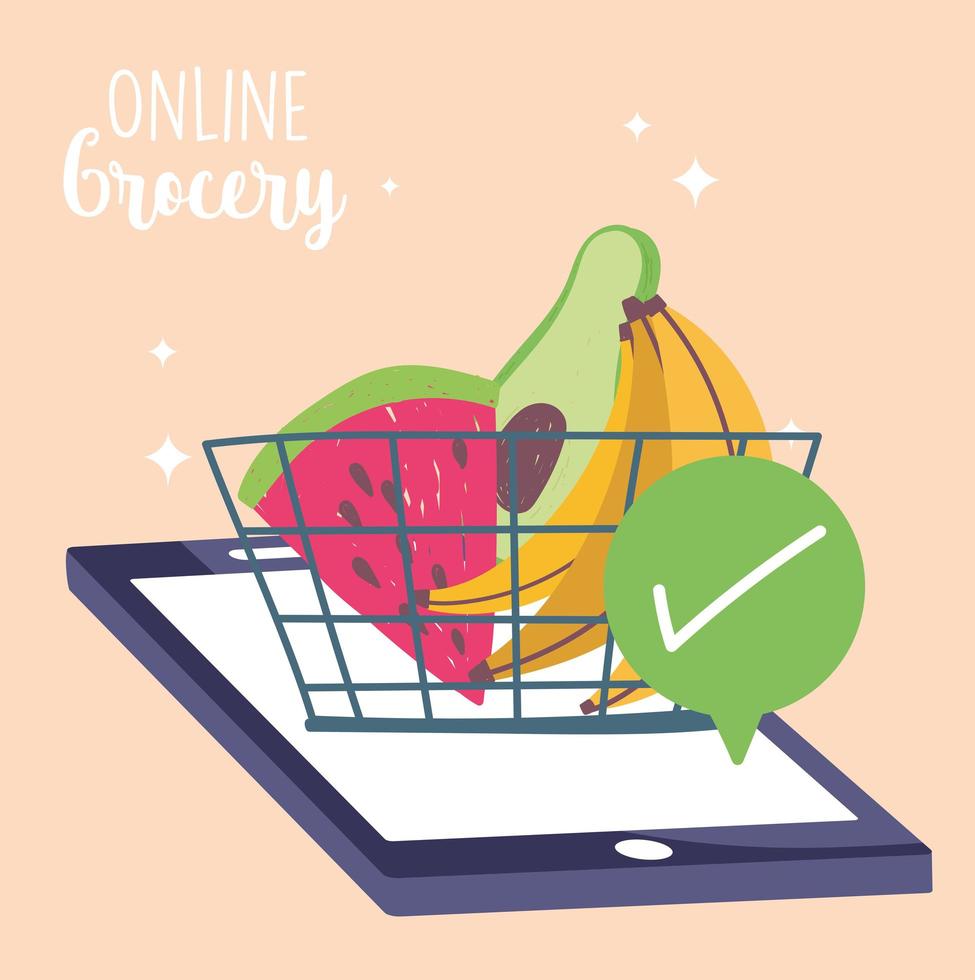 online market, smartphone basket check mark fruits, food delivery in grocery store vector