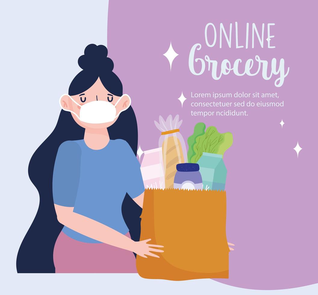 online market, young woman with mask and paper bag products, food delivery in grocery store vector