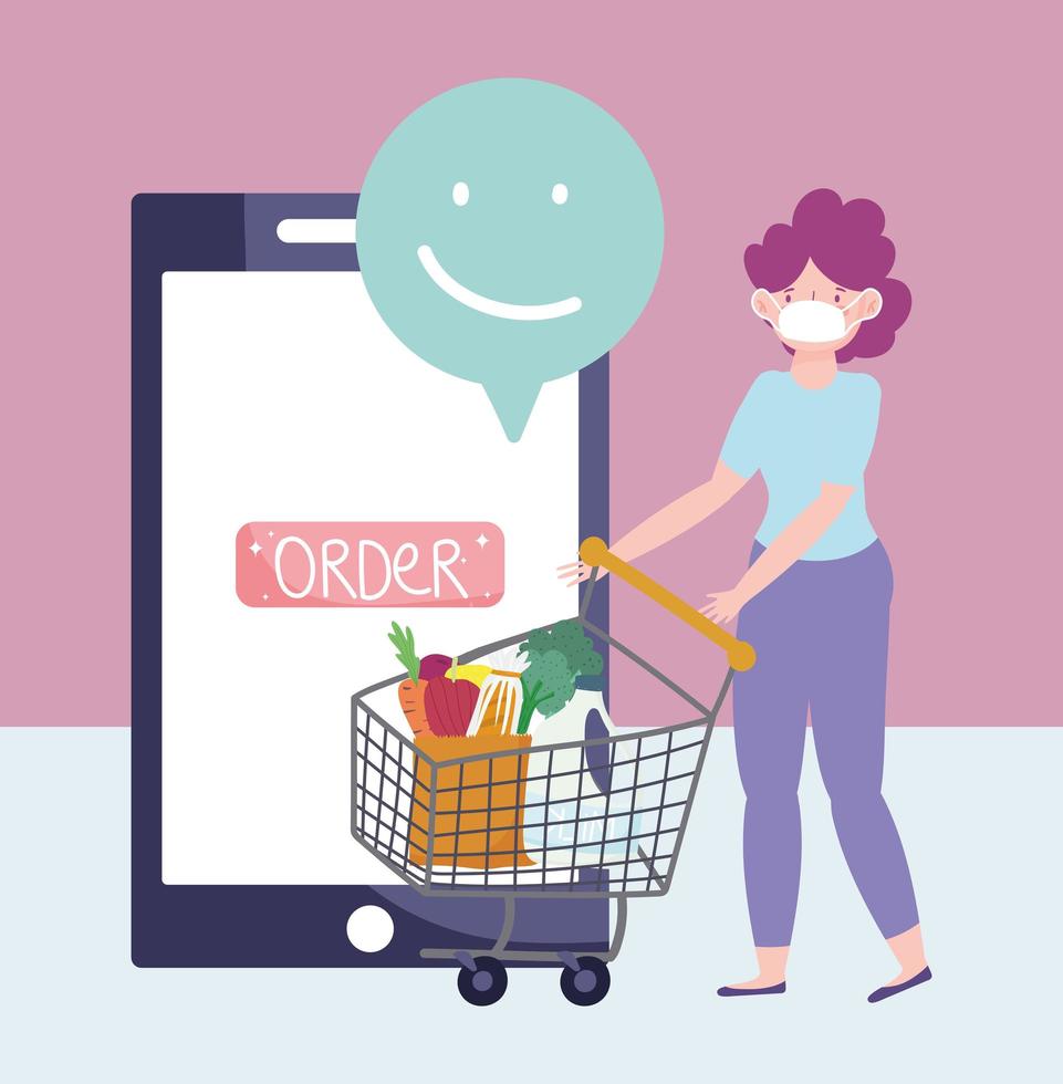 online market, woman with shopping cart ordering, smartphone food delivery in grocery store vector