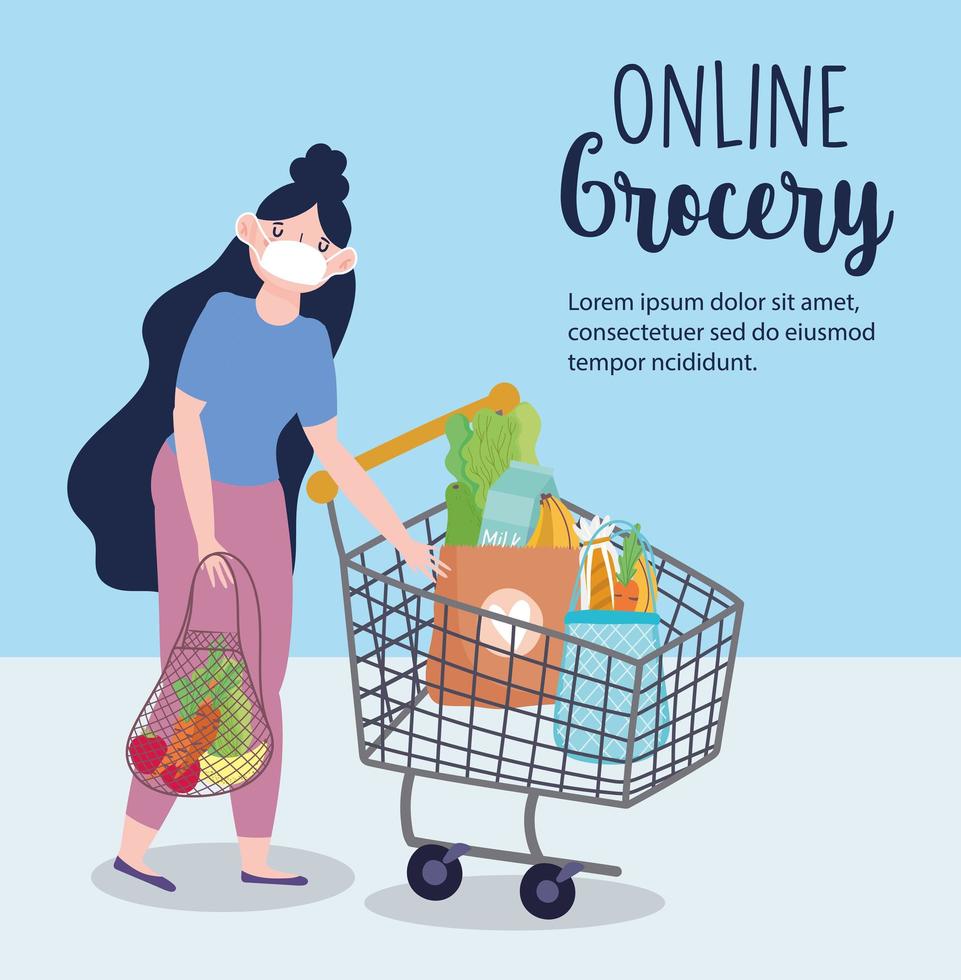 online market, girl with mask shopping cart and eco friendly bag, food delivery in grocery store vector