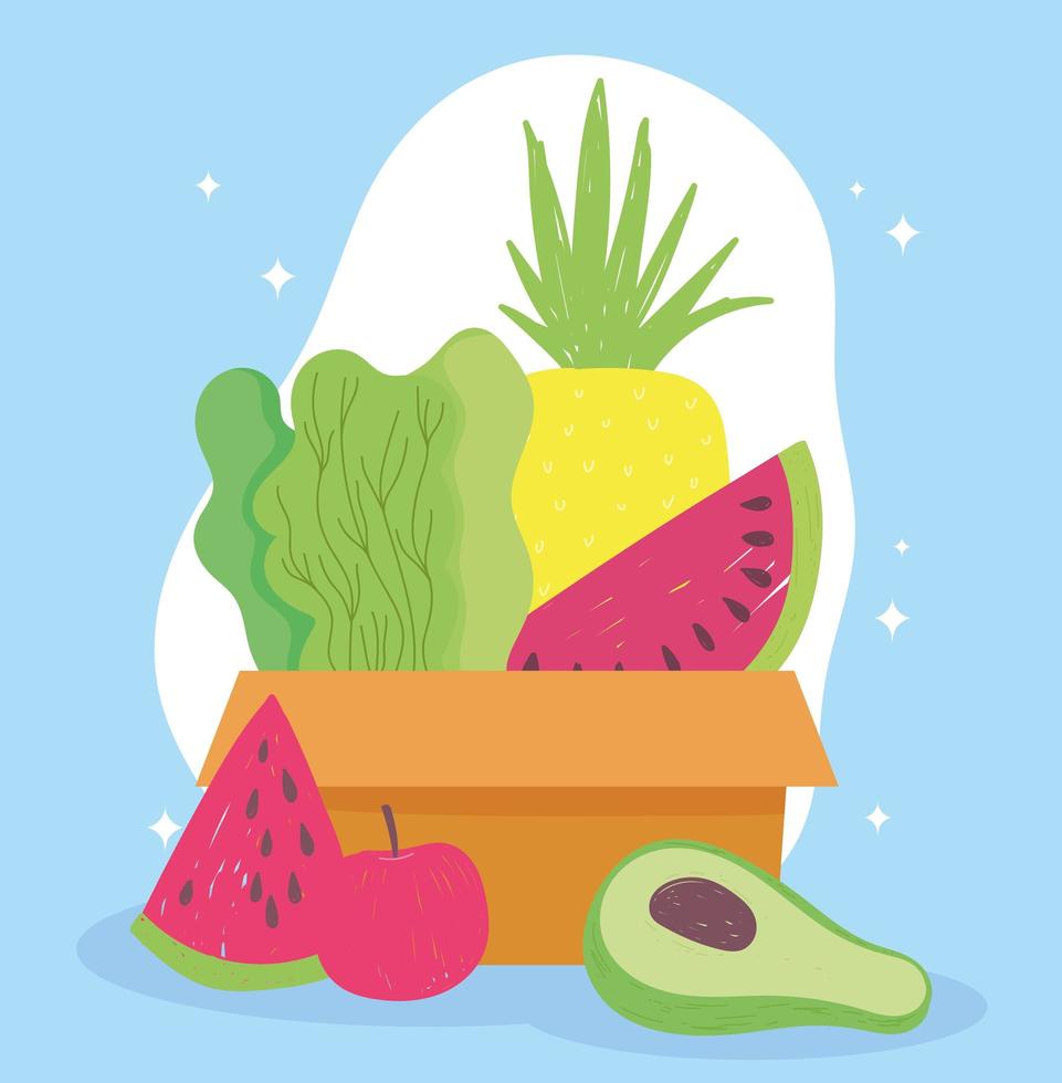 online market, cardboard box with fruits vegetable fresh food delivery in grocery store vector