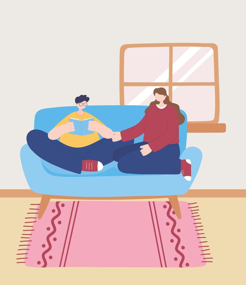 quedarse en casa, chico leyendo un libro en el sofá con una chica, autoaislamiento, actividades en cuarentena por coronavirus vector