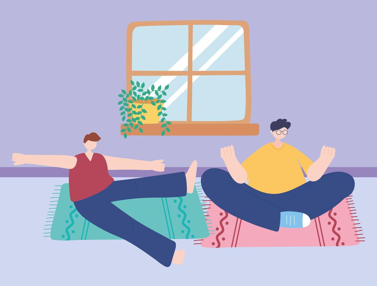 quedarse en casa, meditación de hombres posan yoga en la habitación, autoaislamiento, actividades en cuarentena por coronavirus vector