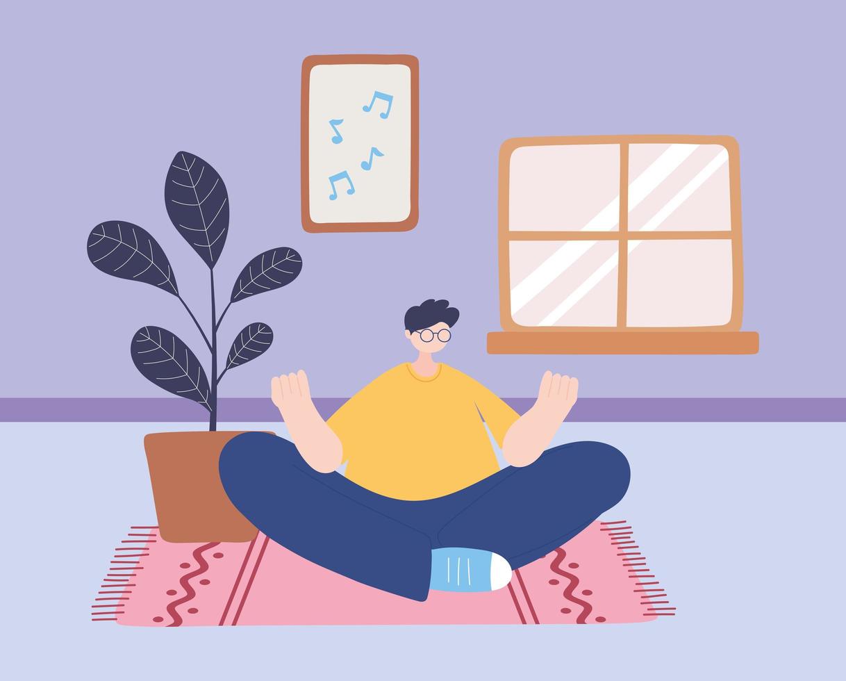 stay at home, man in yoga meditation pose in the room, self isolation, activities in quarantine for coronavirus vector
