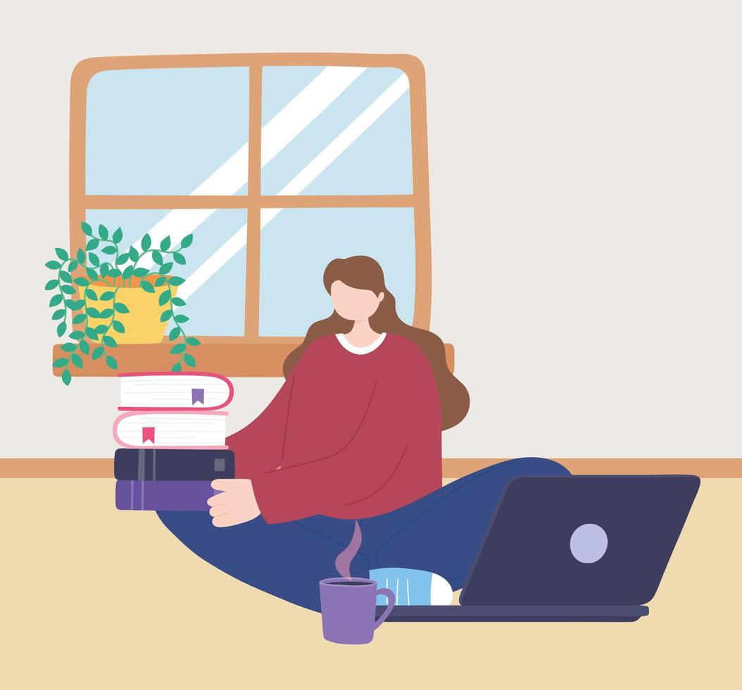 stay at home, girl with laptop and stack of books and coffee cup, self isolation, activities in quarantine for coronavirus vector