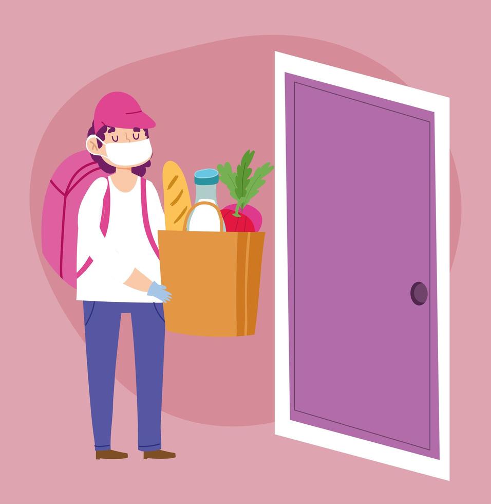 safe delivery at home during coronavirus covid 19, courier man with medical mask and market bag with food in door vector