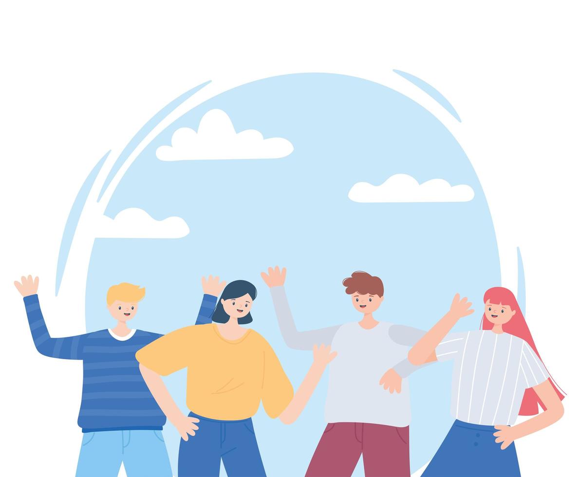 group young people celebrating characters cartoon design vector