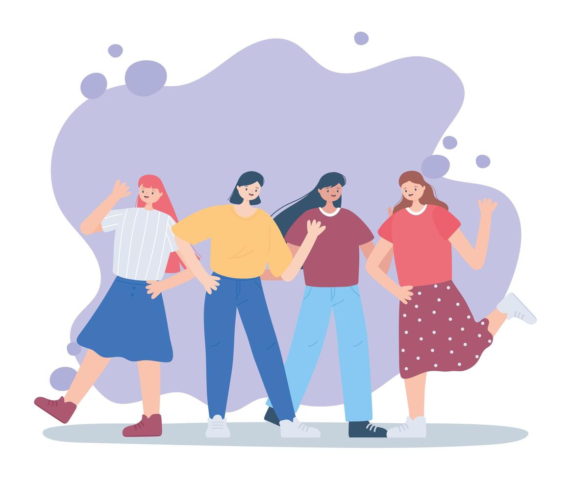 celebrating group women cartoon characters cheerful vector