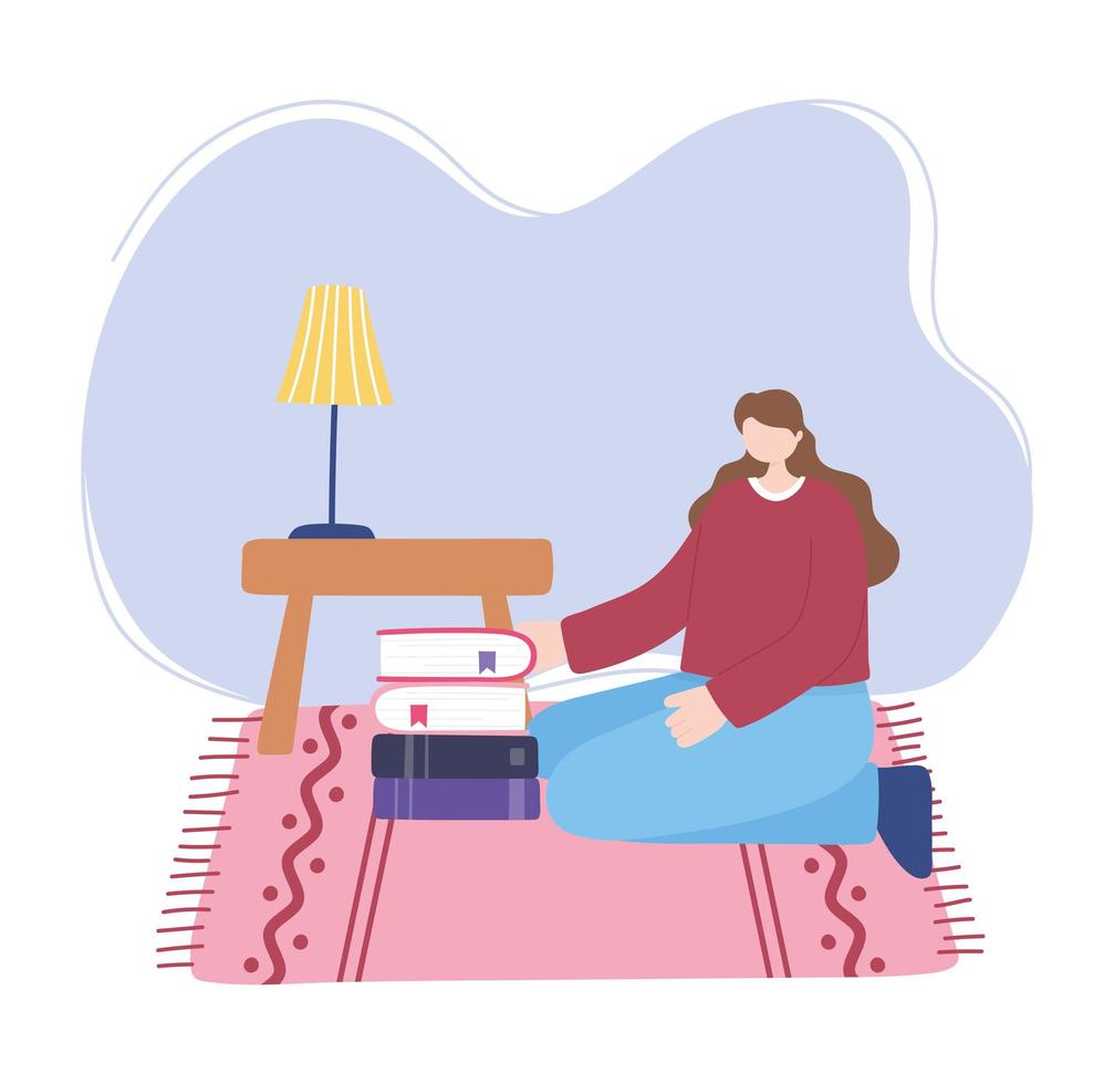 stay at home, girl with stack of books in room, self isolation, activities in quarantine for coronavirus vector