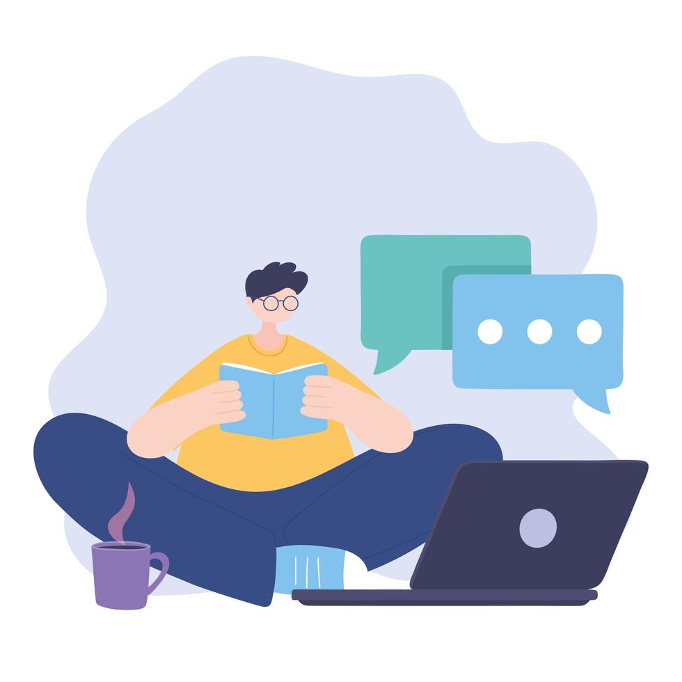 stay at home, guy reading book with laptop and coffee cup, self isolation, activities in quarantine for coronavirus vector