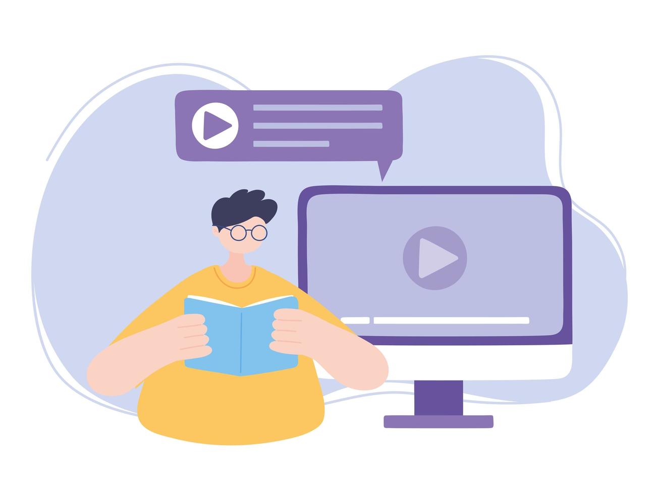 stay at home, young man reading book computer video, self isolation, activities in quarantine for coronavirus vector