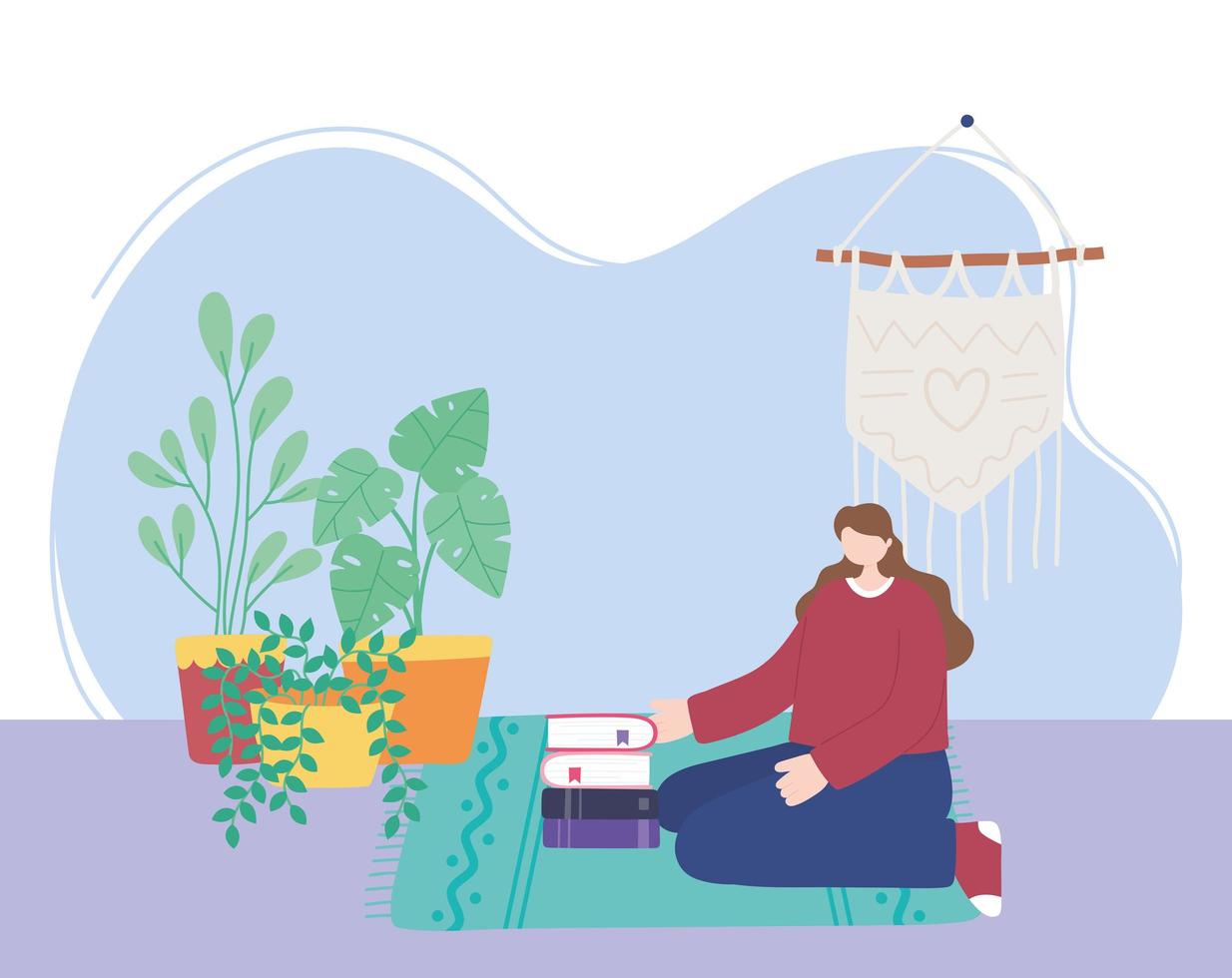 stay at home, girl with books and houseplants, self isolation, activities in quarantine for coronavirus vector