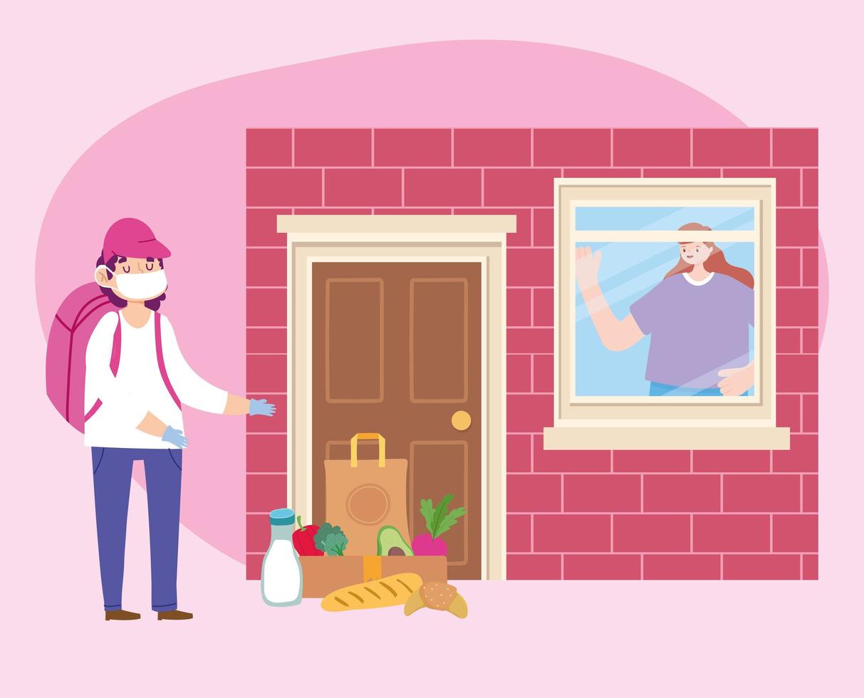 safe delivery at home during coronavirus covid 19, courier man with mask and grocery bag and woman looking out the window vector