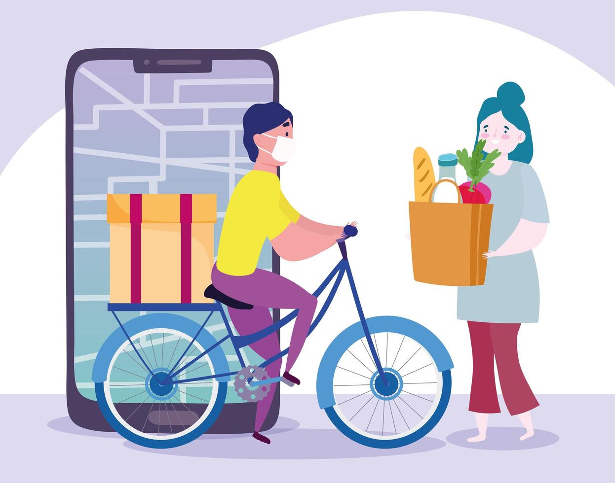 safe delivery at home during coronavirus covid 19, courier man on bike and customer with grocery bag, smartphone order online vector