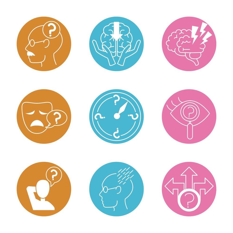 alzheimer disease, decrease in mental human ability icons set line style vector