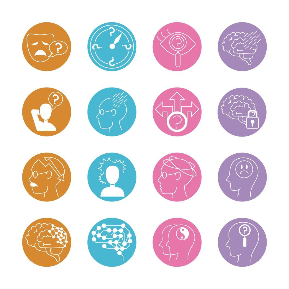 alzheimer disease, decrease in mental human ability icons set line style vector