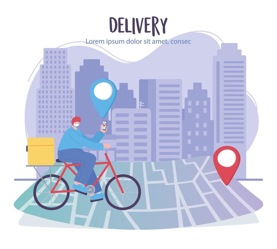 covid 19 coronavirus pandemic, delivery service, delivery man with smartphone in bike on navigation map, wear protective medical mask vector