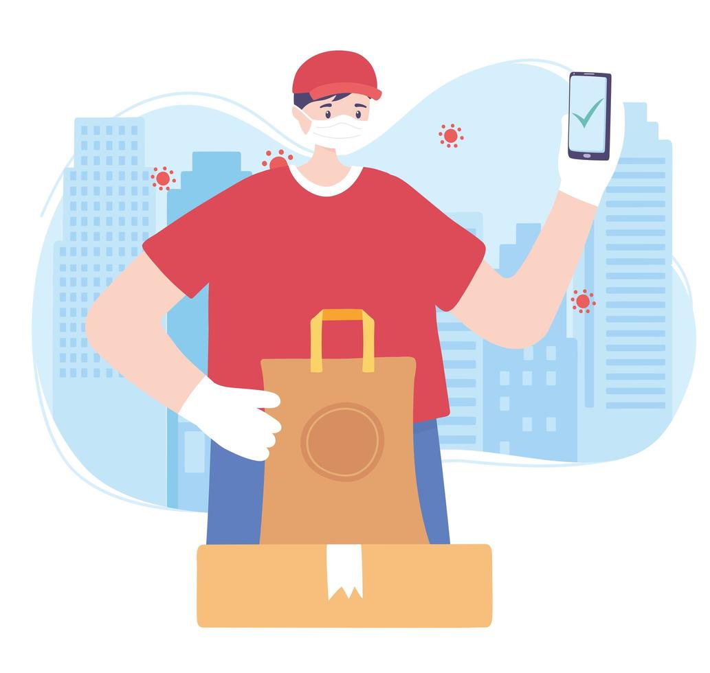 covid 19 coronavirus pandemic, delivery service, delivery man using smartphone with packages, wear protective medical mask vector